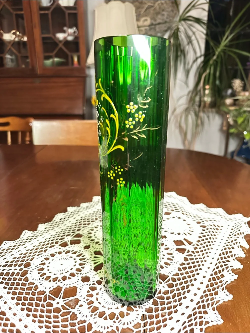 Antique Bohemian Emerald Green Glass Vase Hand Enameled Scrollwork 10”